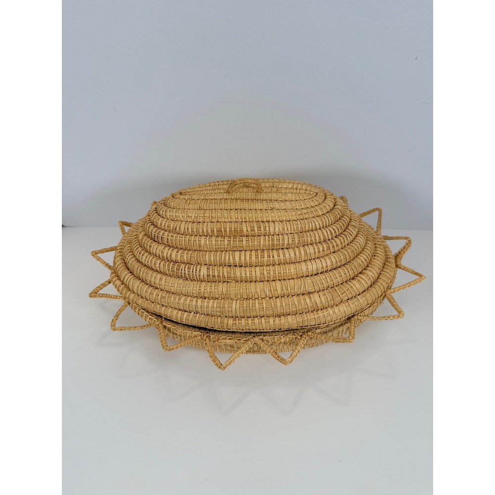 Woven Straw Sunburst Serving Basket with Lid Handcrafted Bohemian Decor